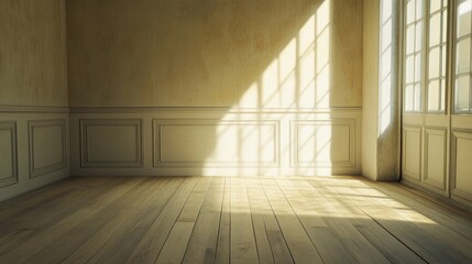 Poster - captivating interplay of natural light and shadows in an empty room showcasing wall textures and woo