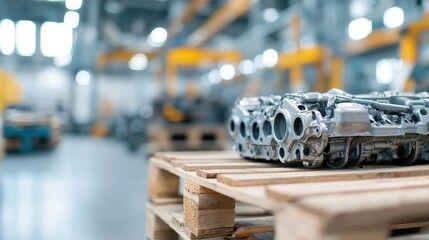 Poster - Dismantled Engine on Wooden Pallets in Urban Workshop, showcasing industrial elements, tools scattered around, sunlight filtering through windows, an atmosphere of mechanical exploration
