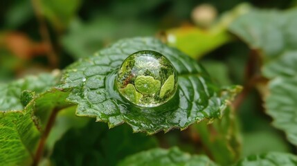 Poster - Nature's beauty reflected in a droplet on a green leaf showcasing a miniature world and vibrant greenery in a serene outdoor setting