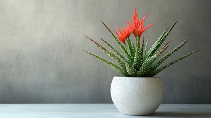 Wall Mural - Vibrant Aloe Vera Plant with Striking Red Flowers in Neutral Pot Against Minimalist Background