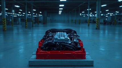 Poster - Dismantled sports car engine on cinder blocks, surrounded by empty warehouse space, rusted metal and scattered tools, evoking a sense of abandonment and decay.