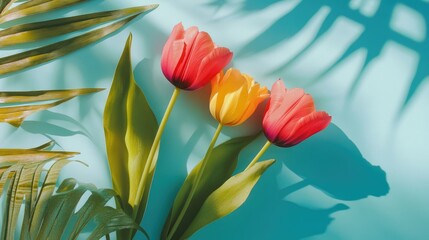 Poster - Vibrant Minimalist Spring Flat Lay Featuring Colorful Tulip Flowers and Shadow Patterns on a Soft Blue Background