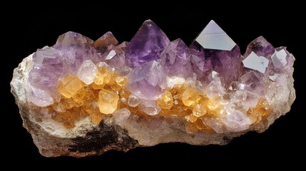 Poster - amethyst quartz crystals with citrine druze collection on a dark background showcasing vibrant color