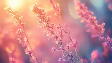 Poster - Soft focus closeup of vibrant grass in a dreamy nature background with warm light and bokeh effect creating a tranquil ambiance.