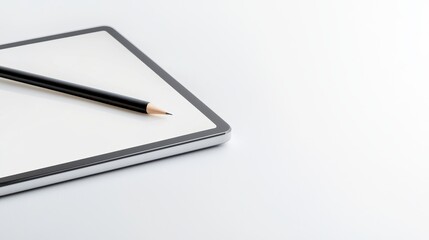 Poster - Sleek and Modern Tablet on Minimal White Surface with Black Pencil for Creative Inspiration and Design Projects