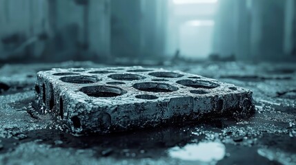 Poster - Dusty engine block resting on a steel table, surrounded by a barren landscape, showcasing neglect and abandonment in an industrial setting