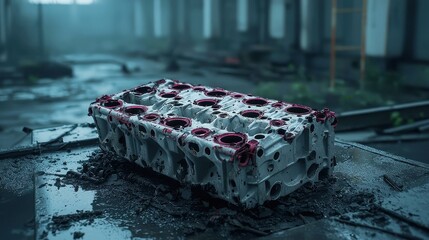 Poster - Dusty engine block on a steel table in an abandoned space, showcasing neglect and industrial decay, surrounded by an atmosphere of desolation and stillness.
