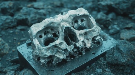Poster - Engine Block in Dusty Isolation, an abandoned industrial scene featuring a grime-covered engine block resting on a steel table amidst a barren landscape, evoking neglect and decay