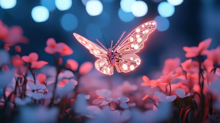 Poster - Intricate Robotic Butterfly with Luminous Wings Floating Above Colorful Flowers in a Dreamy Environment