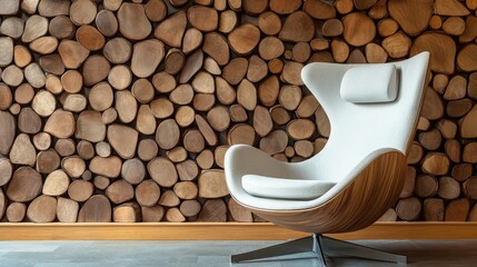 Poster - Contemporary lounge chair in stylish living room with large wooden decorative wall showcasing modern interior design elements.