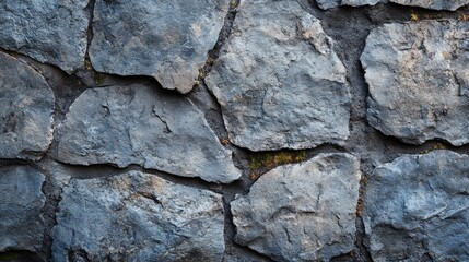 Poster - Gray Natural Stone Wall Texture with Moss Detail Close Up for Background and Design Use