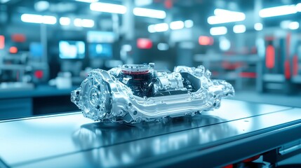 Poster - Exposed car transmission on a steel table in a dimly lit workshop, showcasing intricate mechanical details and the industrial atmosphere of the surrounding environment.