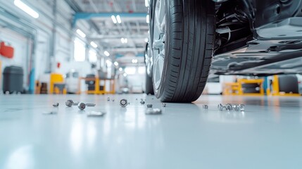 Poster - Exposed Car Frame with Makeshift Tarp Surrounded by Bolts and Tools, Displaying a Scene of Mechanical Work and Repair in a Casual Setting