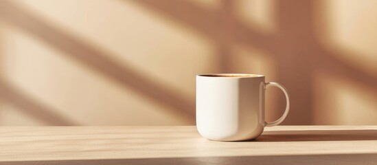 Poster - Cappuccino colored mug mockup on wooden table with soft shadows and blank space for customizable text or branding options.