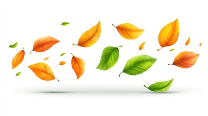Poster - Autumn Leaves Falling Banner Background Isolated on White Featuring Vibrant Orange and Green Leaves in a Natural Design