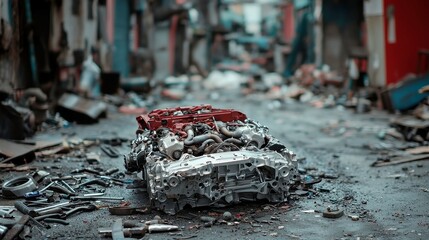 Poster - Engine Block in Dusty Yard, exposed engine block amidst scattered tools, a scene of mechanical disarray in a weathered outdoor setting, evoking a sense of neglect and industrial charm