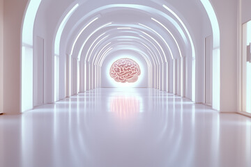 Poster - At midday, a white void creates a tranquil setting featuring a faintly glowing outline of an AI brain at the center