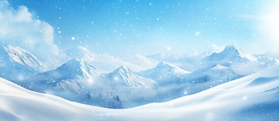 Poster - Winter landscape with snow covered mountains under a bright blue sky featuring ample copy space for text ideal for winter themed designs
