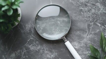 Poster - Minimalist mockup of a magnifying glass on a grey marble table with empty space for promotional text and greenery accents.