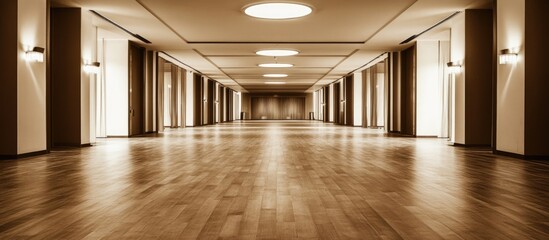  - Elegant sepia-toned modern architecture hall with wooden floors offering spacious empty area ideal for text or branding placement.