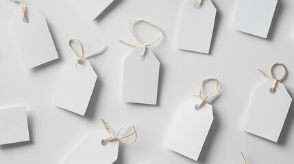 Poster - Minimalist white geometric background featuring various paper clothing tags with twine strings for branding and pricing.