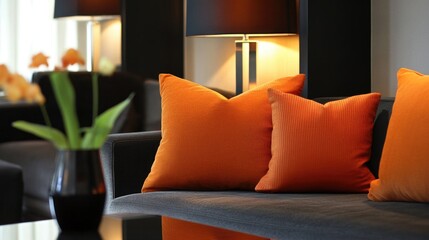 Poster - Contemporary living room featuring a stylish lamp and vibrant orange cushions on a sleek couch, creating a warm inviting atmosphere