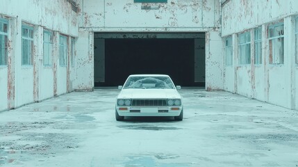 Poster - Abandoned Vehicle in Decaying Garage, a half-constructed car rests in a neglected industrial space, showcasing rust and wear against a backdrop of crumbling walls and scattered debris