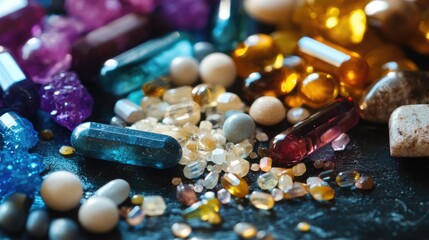 Poster - Vibrant Collection of Natural Gemstones and Crystals Displayed on a Dark Surface with Various Colors and Shapes