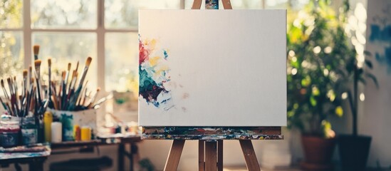 Fototapete - Blank Canvas on Easel in Bright Art Studio with Brushes and Colorful Accents Near Sunlit Window Ideal for Custom Text or Creative Projects