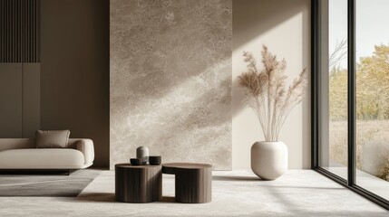 Poster - Modern minimalist living room with natural light, elegant decor, and stylish furnishings creating a serene atmosphere.