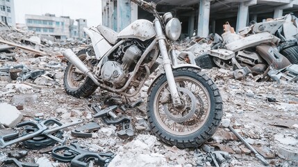 Poster - Half-reconstructed motorcycle amidst scattered vintage parts and wrenches, showcasing the beauty of mechanical restoration and the artistry of garage craftsmanship.