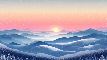 Poster - Vibrant winter landscape with snowy mountains at sunset showcasing the harmony of cold and warm tones with ample space for text insertion