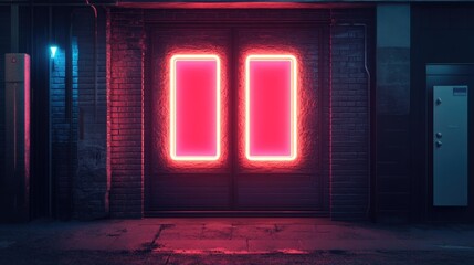 Poster - Neon Light Signboard with Two Empty Frames in Urban Alleyway at Night with Vibrant Pink Glow and Atmospheric Lighting Effects