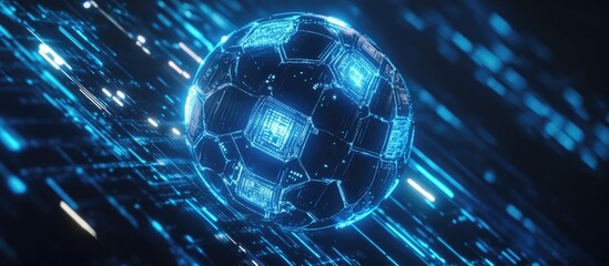 Poster - Abstract representation of a digital football with microchip technology and artificial intelligence elements on a futuristic background