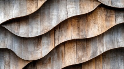 Poster - Abstract Wavy Wooden Wall Texture Panoramic Background for Architecture and Design Elements in Natural Wood Aesthetic