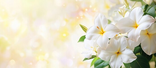 Poster - Elegant white Mandevilla flowers blooming in a lush garden setting with soft focus background and ample space for overlaying text.
