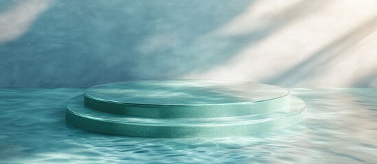 Poster - Elegant green podium in tranquil pool water designed for showcasing cosmetic products with soft lighting and ample blank space for text