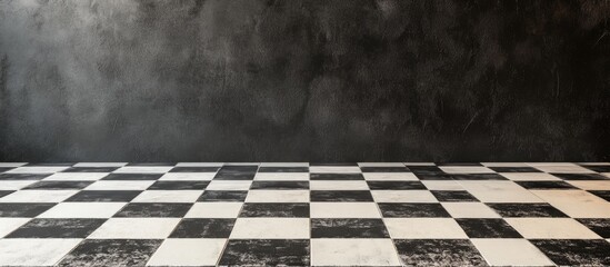 Poster - Checkered tabletop with black and white flooring for product display and advertising space in a retro kitchen or cafe setting.