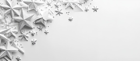 Poster - Abstract Minimalist White and Grey Geometric Background with Silver Stars for New Year Celebrations and Festive Mockups with Copy Space