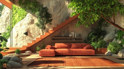 Poster - Modern Living Room with Natural Elements and Stylish Interior Design Featuring Stairs, Plants, and Rocks for Catalogs and Advertisements