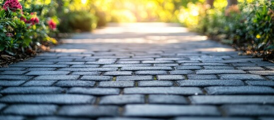 Poster - Close Up of Black Paving Stones on Sidewalk from Low Angle with Blurred Garden Background and Space for Text