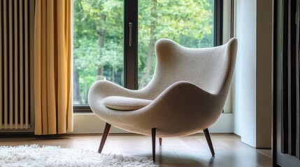 Poster - Stylish modern lounge chair in a chic living room with natural light and a view of greenery through large windows
