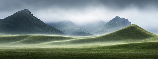 Poster - Misty green hills and distant mountains under a dramatic gray sky with space for text ideal for nature or travel themed designs