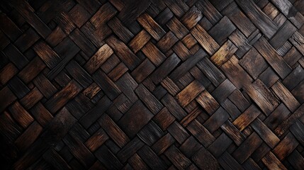 Poster - Natural dark woven basket texture background with intricate patterns and shadows creating a rustic and earthy visual appeal.
