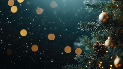 Poster - Festive Christmas tree with vibrant colors and blurred bokeh lights in a dark room creating a magical holiday atmosphere for text overlay.