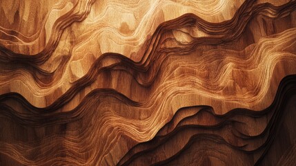 Poster - Natural wood veneer texture showcasing intricate waves and patterns in rich brown tones ideal for design and decoration applications.