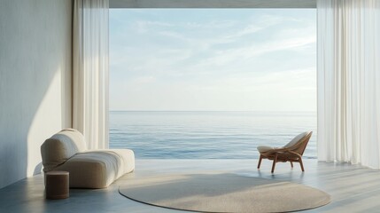 Poster - Serene coastal living space with minimalist furniture and stunning clear sea view through large windows in natural tones.