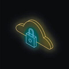 Poster - Glowing neon padlock securing cloud data, representing online security and protection in an isometric perspective