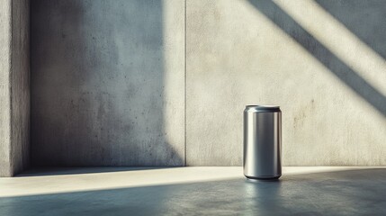 Poster - Sleek aluminum can in a minimalist marketplace setting with textured walls and soft lighting creating a modern aesthetic.