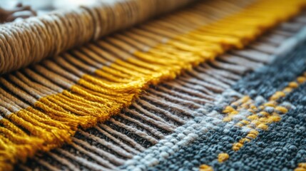 Poster - Close-up of modern carpet weaving showcasing vibrant yellow and gray threads in a contemporary home interior setting